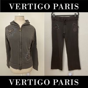 NEW VERTIGO PARIS LUREX EMBROIDERED EMBELLISHED HOODIE PANTS SET LG CHOC BROWN